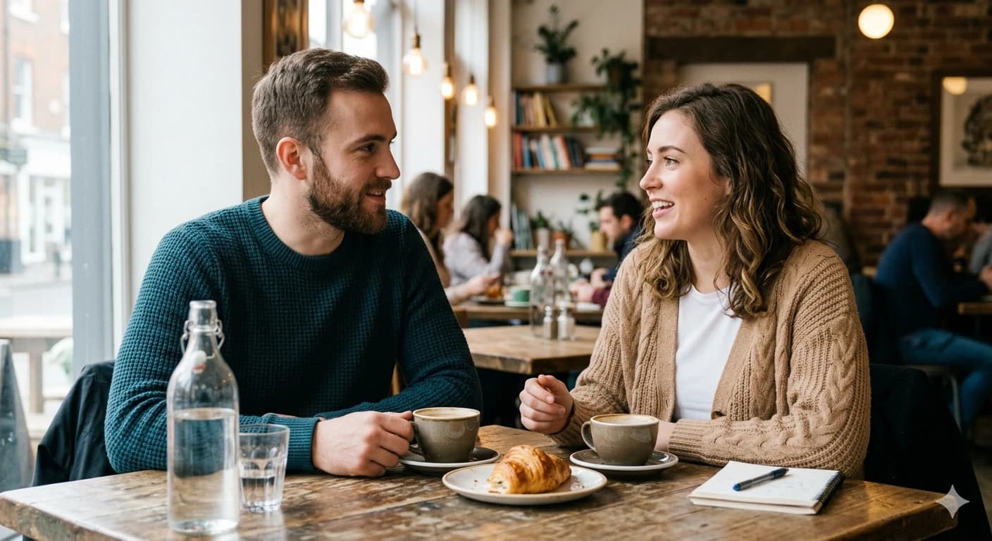 Man en vrouw zitten tegenover elkaar aan een houten tafeltje in een café met koffie en een croissant.
