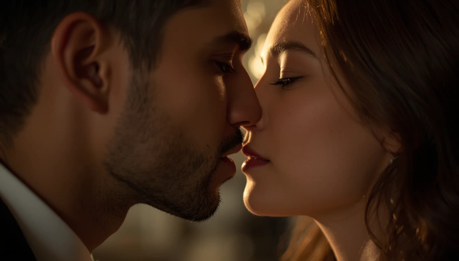 Close-up van een man en een vrouw die elkaar kussen in warm tegenlicht.