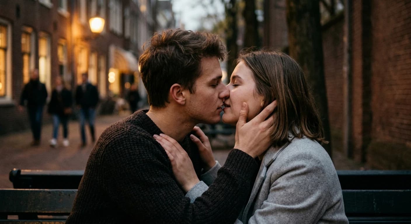 Een jonge man en vrouw kussen elkaar op een bankje in een straat met bakstenen huizen en verlichte ramen in de schemering.