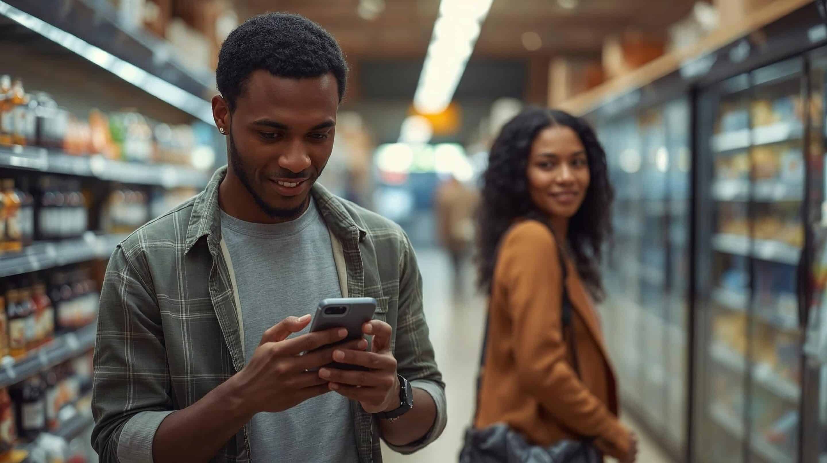 Een man die afgeleid op zijn telefoon kijkt in een supermarkt terwijl een vrouw hem glimlachend aankijkt, symbool voor het missen van sociale signalen en menselijke verbinding.